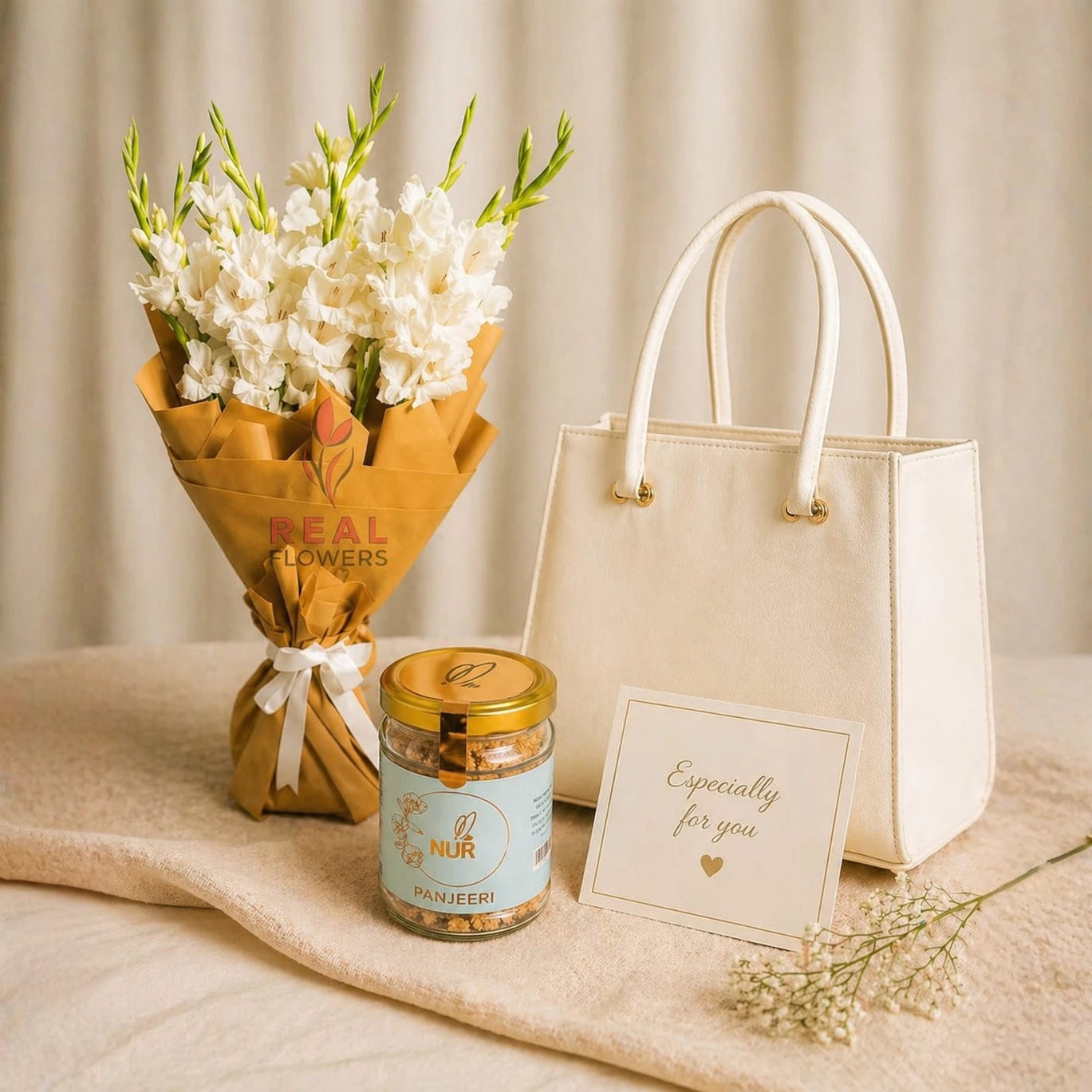 A Gift Combo for her. Featuring Gladiolus bouquet, 100g Panjeeri and Women's shoulder bag by tan. - Real flowers Pakistan