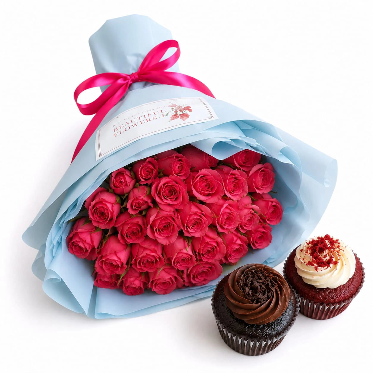 Gift Combination 29 - Fresh Rose Bouquet & Cupcakes Combo