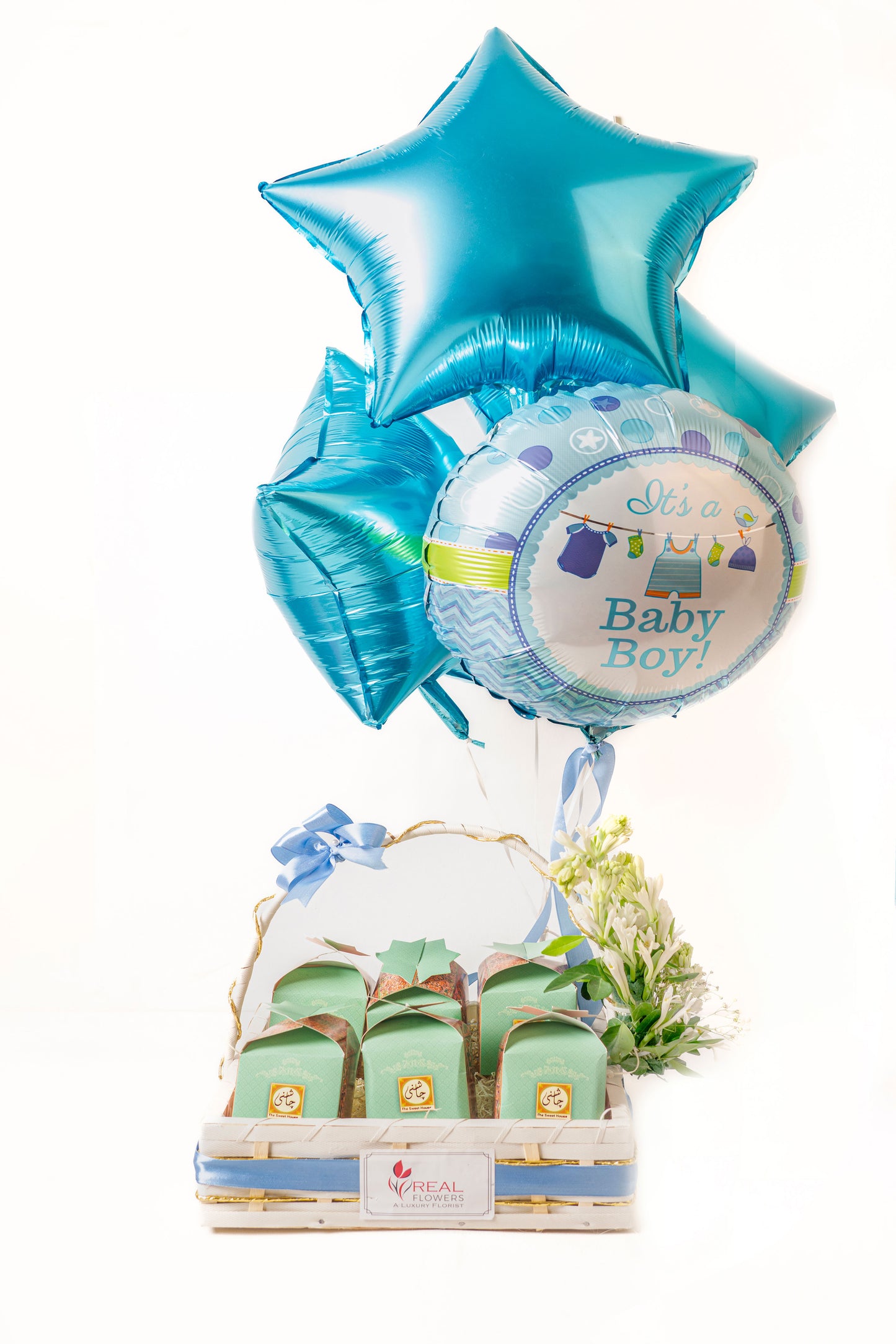 It’s a Baby Boy, Baby shower mithai basket with fresh flowers- Real Flowers Pakistan