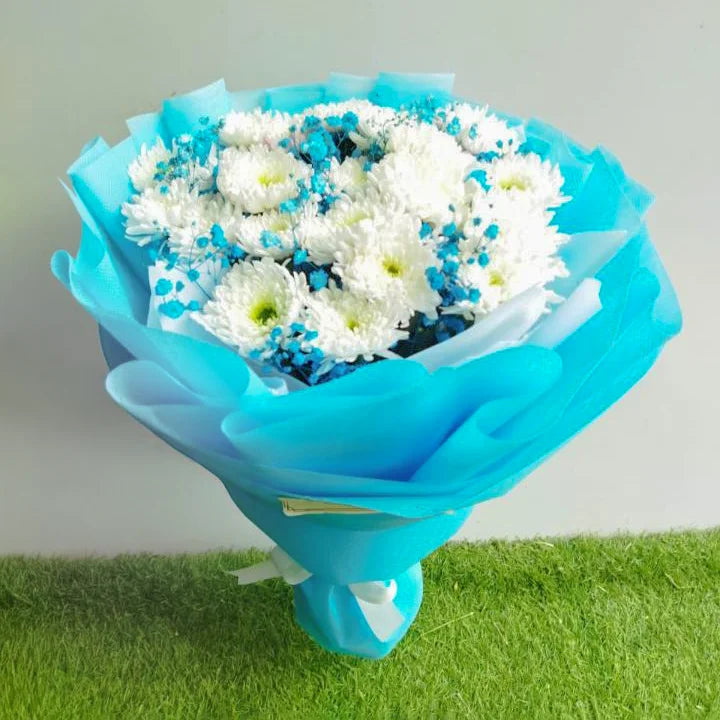 Blue Bloom - A hand-tied bouquet of white chrysanthemums