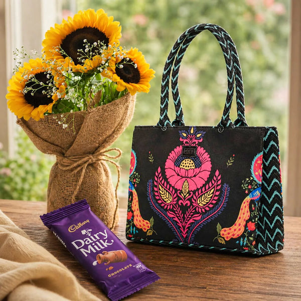 Sunflower bouquet, medium dairy milk chocolate, a women's tote bag for a Mother's day gift combo for delivery in Pakistan
