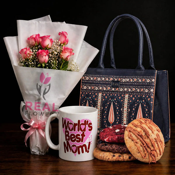 Women's tote bag, bouquet of pink flowers, mug with 'World's Best Mom!' text and cookies combination for Mother's Day gifts in Pakistan