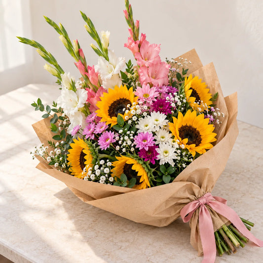 Fresh flower Bouquet Featuring sunflowers, chrysanthemums, gladiolus, tuberoses and baby’s breath