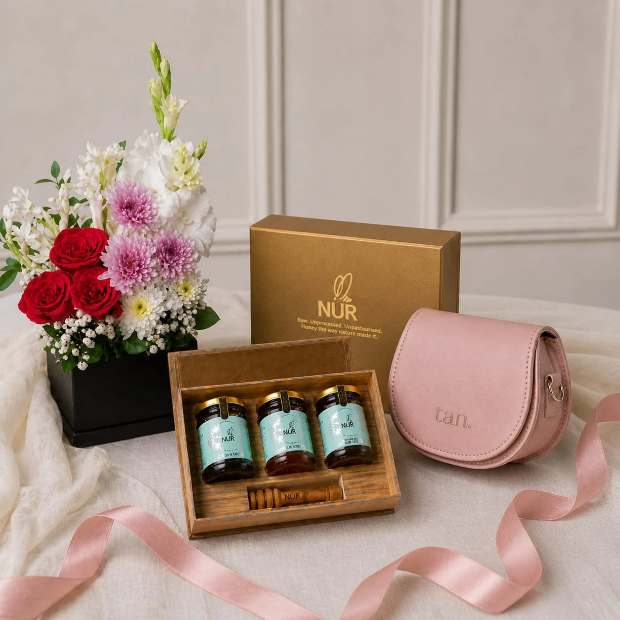 Honey gift box, Fresh Flowers arrangement, Ivory women's handbag for Mothers day gift 2026 in Pakistan