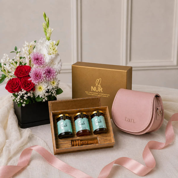 Honey gift box, Fresh Flowers arrangement, Ivory women's handbag for Mothers day gift 2026 in Pakistan