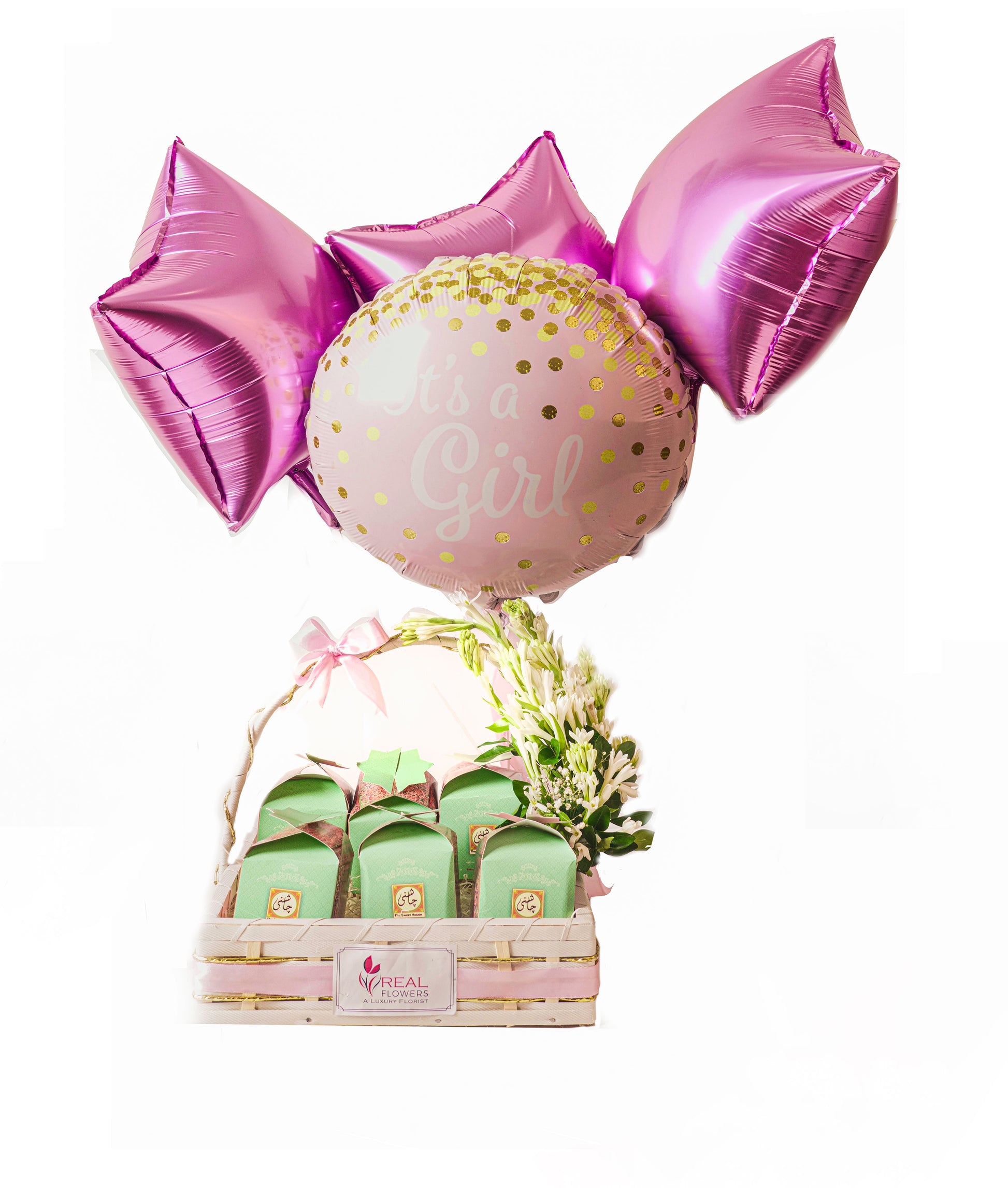 It’s a Girl, Baby shower mithai basket with fresh flowers - Real Flowers Pakistan