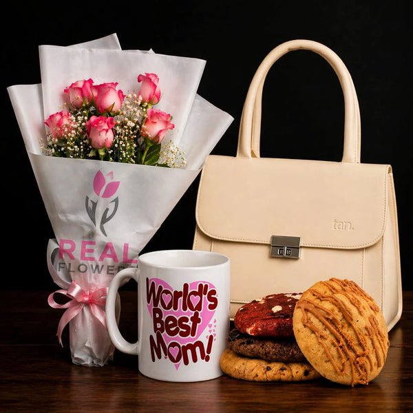 Beige handbag, bouquet of pink flowers, mug with 'World's Best Mom!' text and cookies combination for Mother's Day gifts in Pakistan