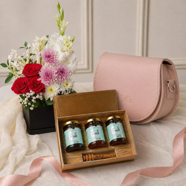 Honey gift box, Fresh Flowers arrangement, Ivory women's handbag for Mothers day gift 2026 in Pakistan
