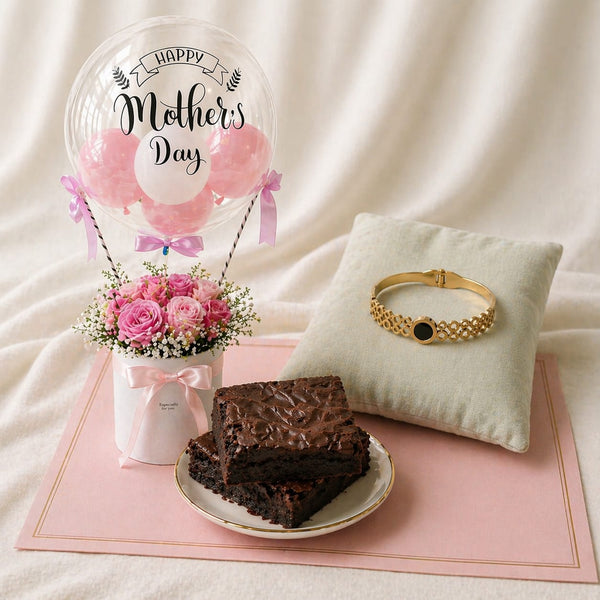 Mother's Day Gift Combo - Pink Roses, Brownies & Women's Cuff Bracelet
