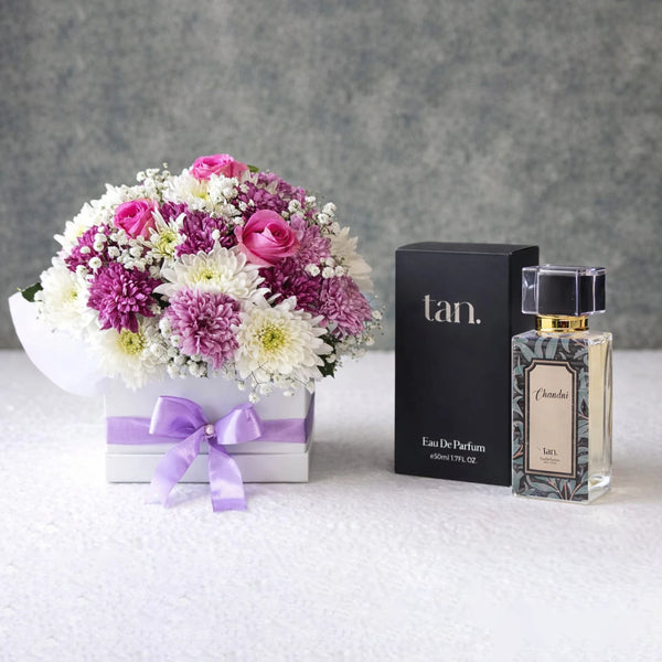 A gift Combination of A Box Arrangement of Mixed Flowers with tan. 50ml Chandni Perfume - Real Flowers Pakistan