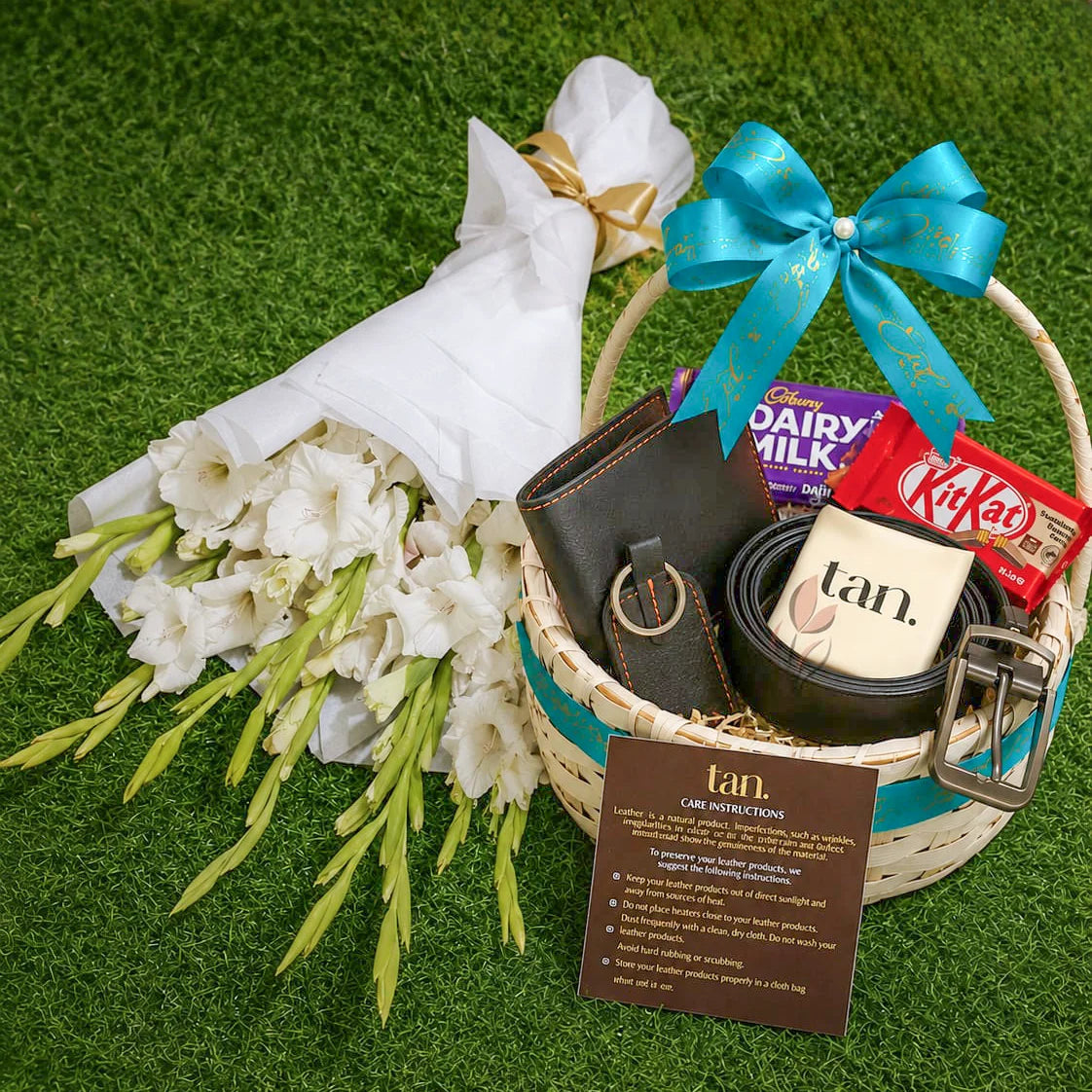 Gift Combination 28 - White Grace Bouquet with & tan. gift basket