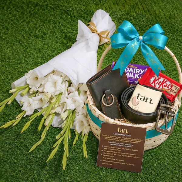 Gift Combination 28 - White Grace Bouquet with & tan. gift basket