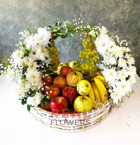 10Kg Fruits gift basket decorated with fresh flowers - Real Flowers Pakistan