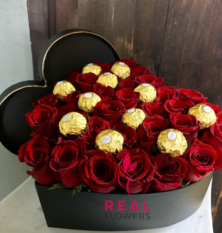 Ferrero Heart with Roses - Real Flowers Pakistan