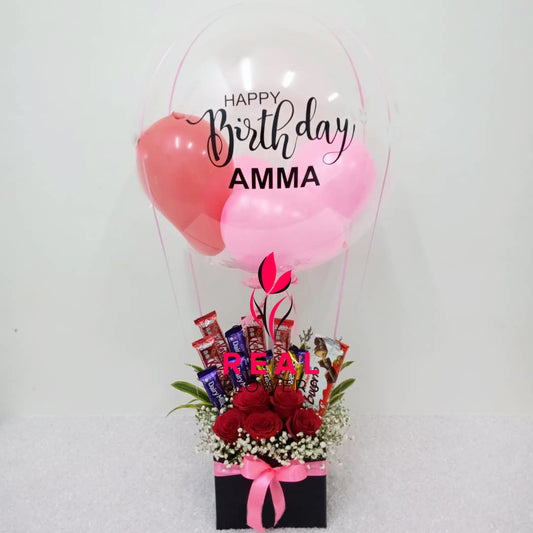 Hot Air Balloon Box of Roses and Chocolates with "Happy Birthday Amma" Message - Real Flowers Pk