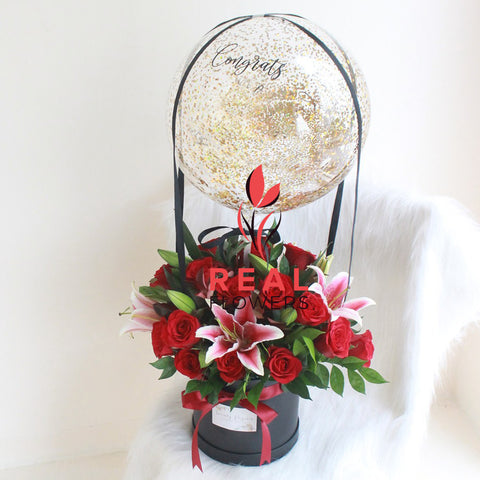 Hot Air Balloon Box of Lilies and Roses - Real Flowers Pakistan